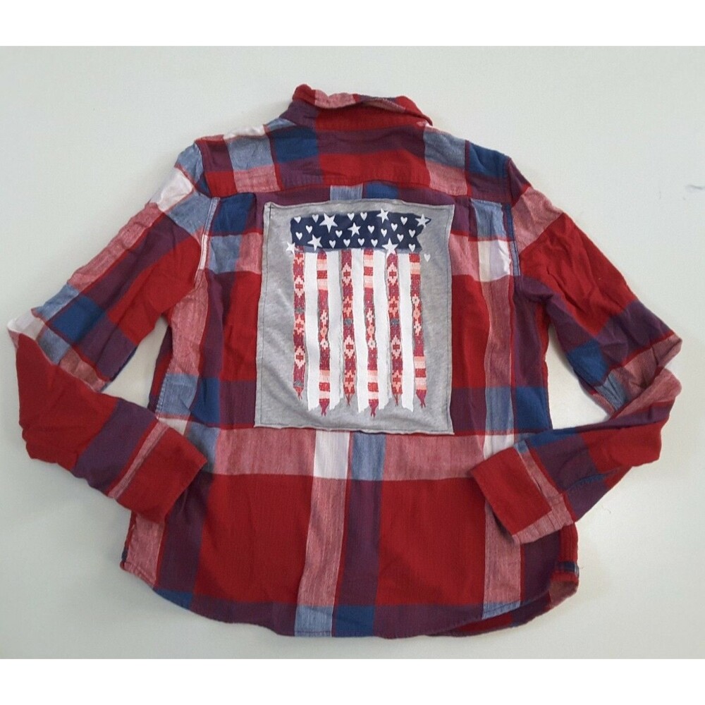 Upcycled Flannel USA Flag County Rockabilly American Eagle Shirt Youth 14